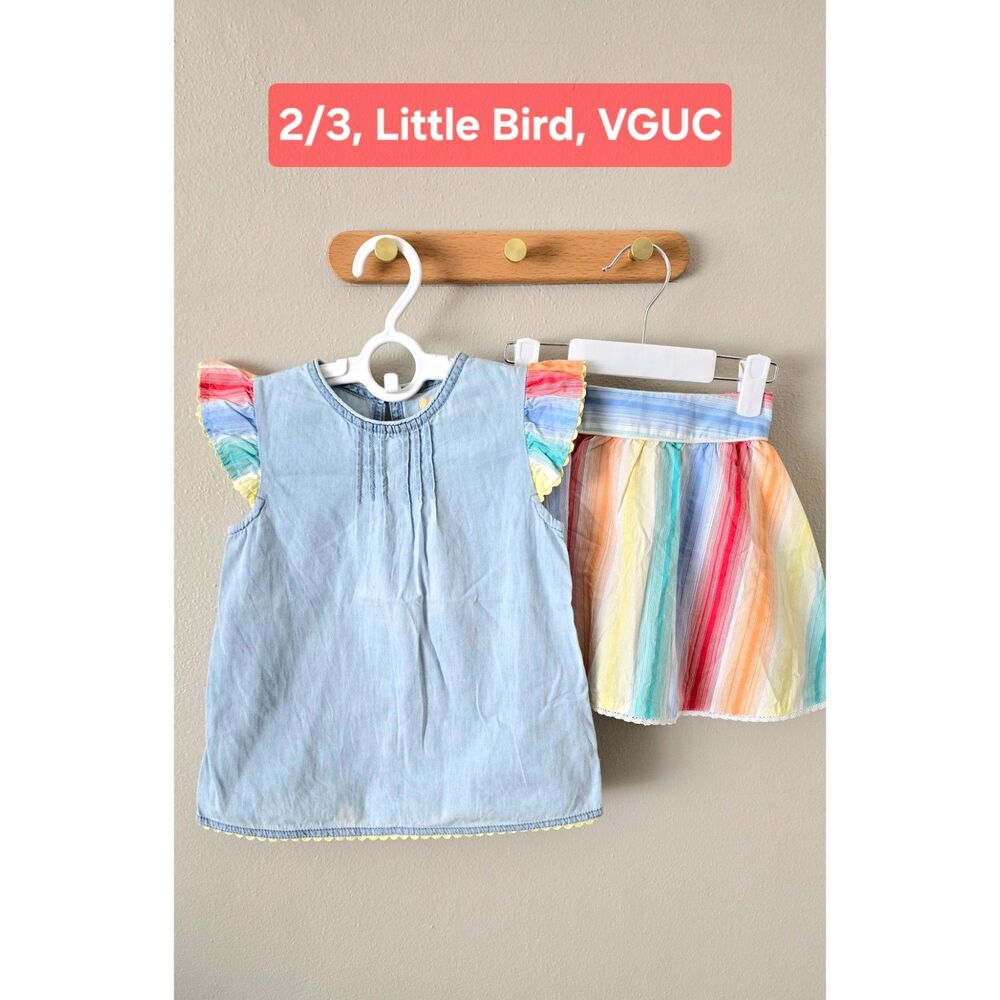 VGUC Little Bird Denim Top With Rainbow Sleeves & Matching Skirt, Sz 2/3